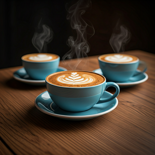 Three different cups of coffee showing latte art
