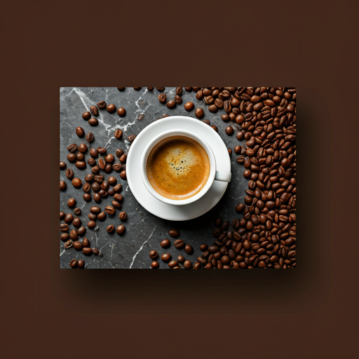 Espresso cup on marble surface with coffee beans