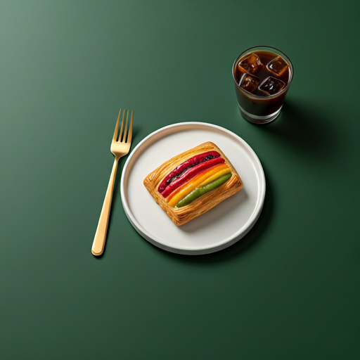 Fruit pastry on ceramic plate with cold brew