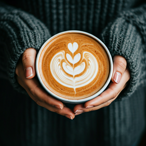 Hands holding a cappuccino cup with heart art